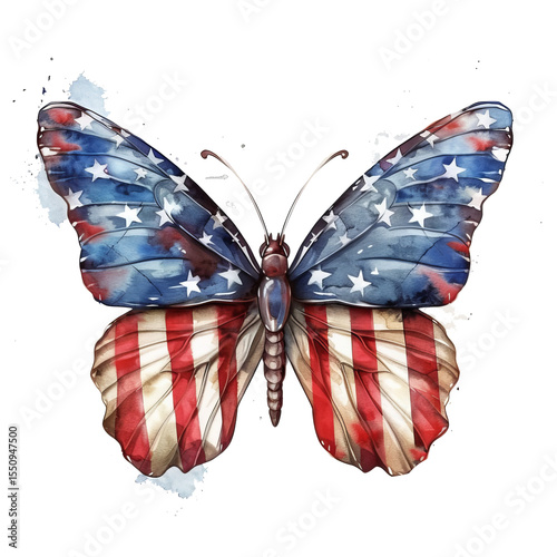 Watercolor clipart of American flag design butterfly