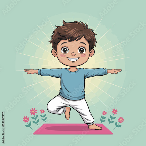 Smiling Boy in One-Legged Pose with Flowers