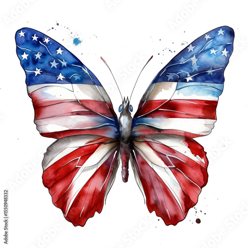 Watercolor clipart of American flag design butterfly