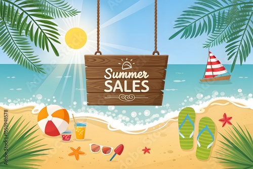 Tropical Summer Sale Background with Palm Leaves and Sunshine Vibes