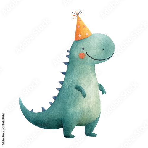 Cheerful Watercolor Illustration of a Friendly Dinosaur with a Party Hat in Bright Colors for Kids' Decor