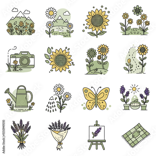 Collection of flat vector icons featuring flowers, nature, and artistic elements in a pastel color palette.
