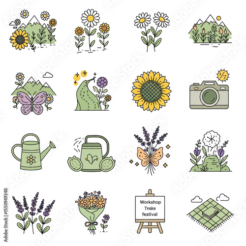 A collection of charming line art icons depicting summer flowers, nature scenes, gardening tools, and photography, ideal for a workshop or festival.