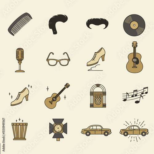 Vintage icons representing 1950s/60s music and fashion.