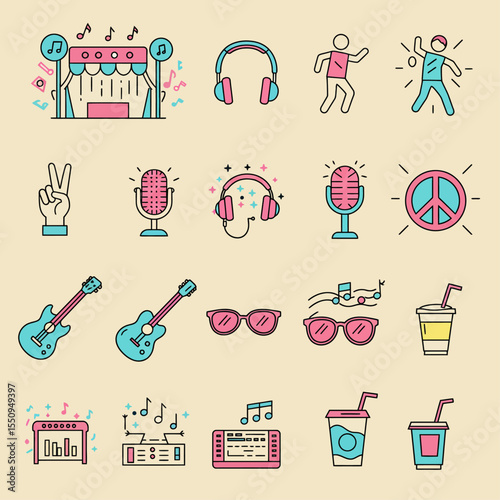 A collection of music and party themed icons, including stage, headphones, dancing figures, guitars, and drinks, arranged on a beige background.
