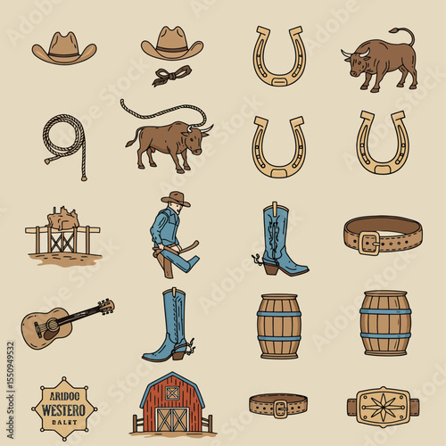 Western themed graphic elements featuring cowboy hats, horseshoes, bull, lasso, cowboy, boots, guitar, barrel, belt, barn and a badge.