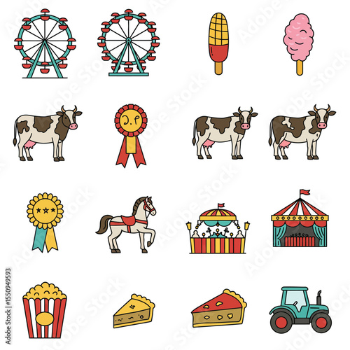 Colorful illustrations of fairground attractions, treats, animals, and agricultural elements.