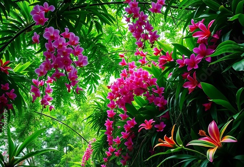 Lush green canopy overflowing with vibrant orchids, hibiscus, and bromeliads,   summer,  orchids