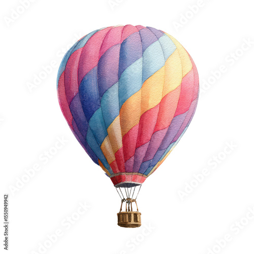 Colorful Watercolor Illustration of a Hot Air Balloon in Vibrant Hues Against a Blank Background
