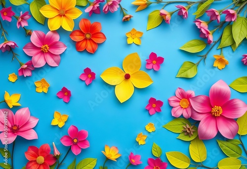 Overhead view of vibrant paper flowers & leaves, blue background,  colorful flowers, paper flowers