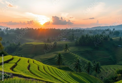 Misty sunrise over Bali's Mancingan Gianyar rice terraces and palms, landscape, clouds