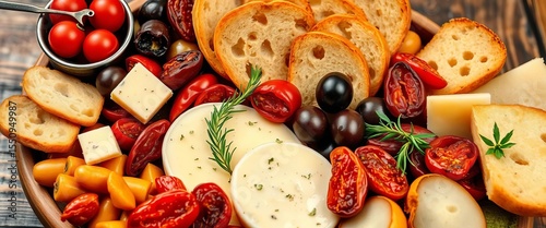 Mediterranean tapas platter with olives, cheese, bread, and sun-dried tomatoes,  olives,  table
