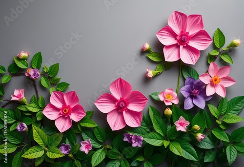 Overhead shot of pink & purple paper flowers, lush green foliage on grey backdrop,  craft,  green leaves