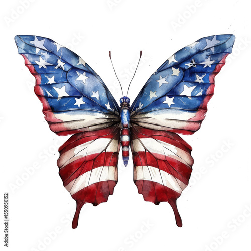 Watercolor clipart of American flag design butterfly