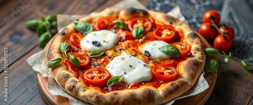 Oven-baked burrata pizza with fresh tomatoes and basil, fresh, appetizer