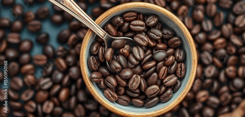 Overhead shot of dark roasted coffee beans in a small ceramic bowl with a spoon,   rustic bowl,   high angle
