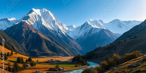 Majestic Himalayan peaks, serene Tora Khola valley, Shimen village, Dolpa, Nepal,  aerial view,  Nepal