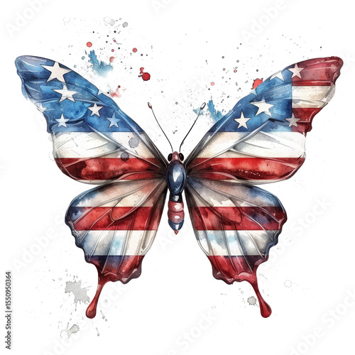 Watercolor clipart of American flag design butterfly