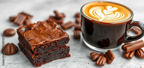 Rich dark chocolate brownie & latte art coffee, perfect coffee break treat, decadent, chocolate