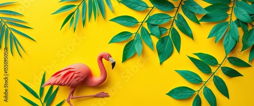 Overhead view of paper cut palm leaves & flamingo on yellow,  exotic,   background