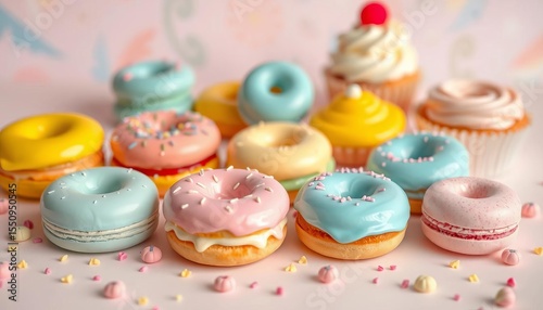 Pastel donuts, macarons, & cupcakes on whimsical display, playful frosting,  decoration,  bright