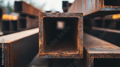 Close-up of steel beams in industrial setting, symbolizing trade restrictions and economic impact, representing industrial challenges and global commerce concepts.