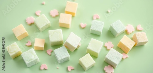Pastel green backdrop, delicate sugar cubes in playful arrangement,  texture,  sweet
