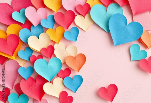 Layered colorful paper hearts, textured, romantic, decorative, background, love