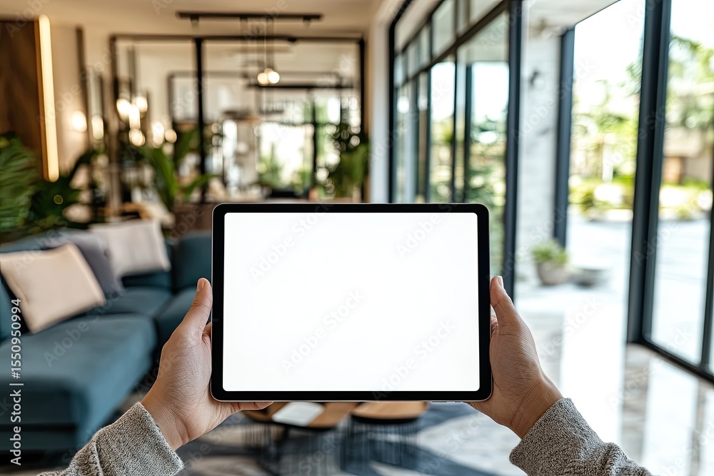 Hands holding a tablet in a modern living room (3) Hands holding a tablet in a modern living room (3)