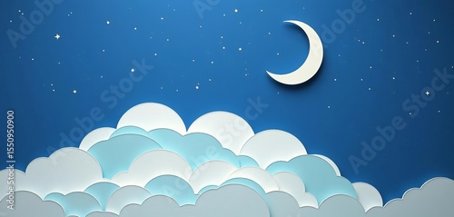 Layered paper clouds, crescent moon, starry night sky  Whimsical, tranquil, pastel palette,  sky,  ethereal