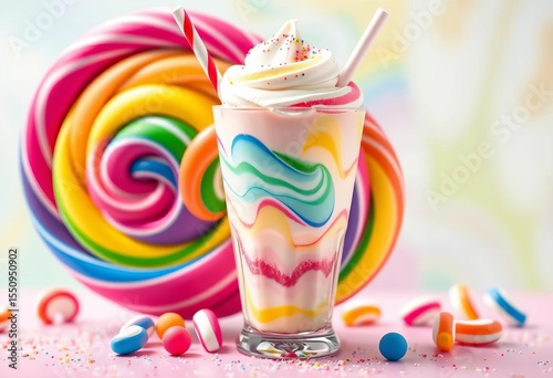 Rainbow swirl milkshake, candy cream, giant lollipop,  topping,  candy
