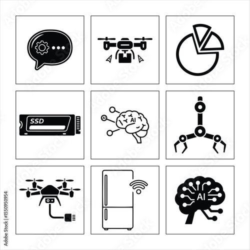 Artificial Intelligence Technology Icons Black And White Solid Design Illustration
