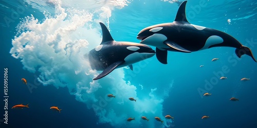 Majestic orcas playfully breach, swirling waves & smaller fish create vibrant underwater scene, nature photography, killer whales