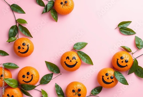 Playful arrangement of smiling oranges with leaves on pastel background,  fun,  vibrant