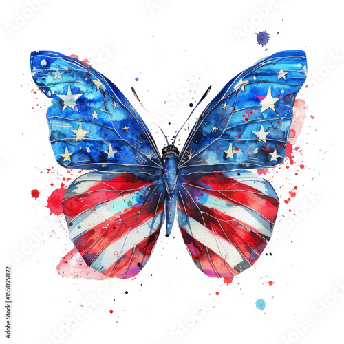 Watercolor clipart of American flag design butterfly