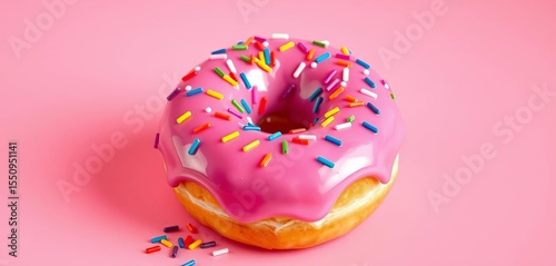Pink glazed donut, rainbow sprinkles, whimsical label,  charming,  happy