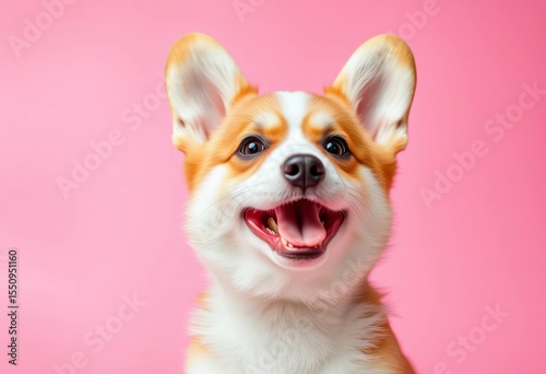 Playful corgi puppy, pink background, ears up, tongue out, happy expression,  tongue,  puppy