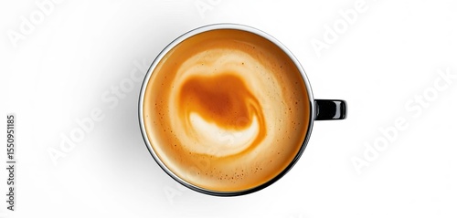 Overhead view of a cappuccino, rich milk foam, isolated on white, cappuccino,  delicious