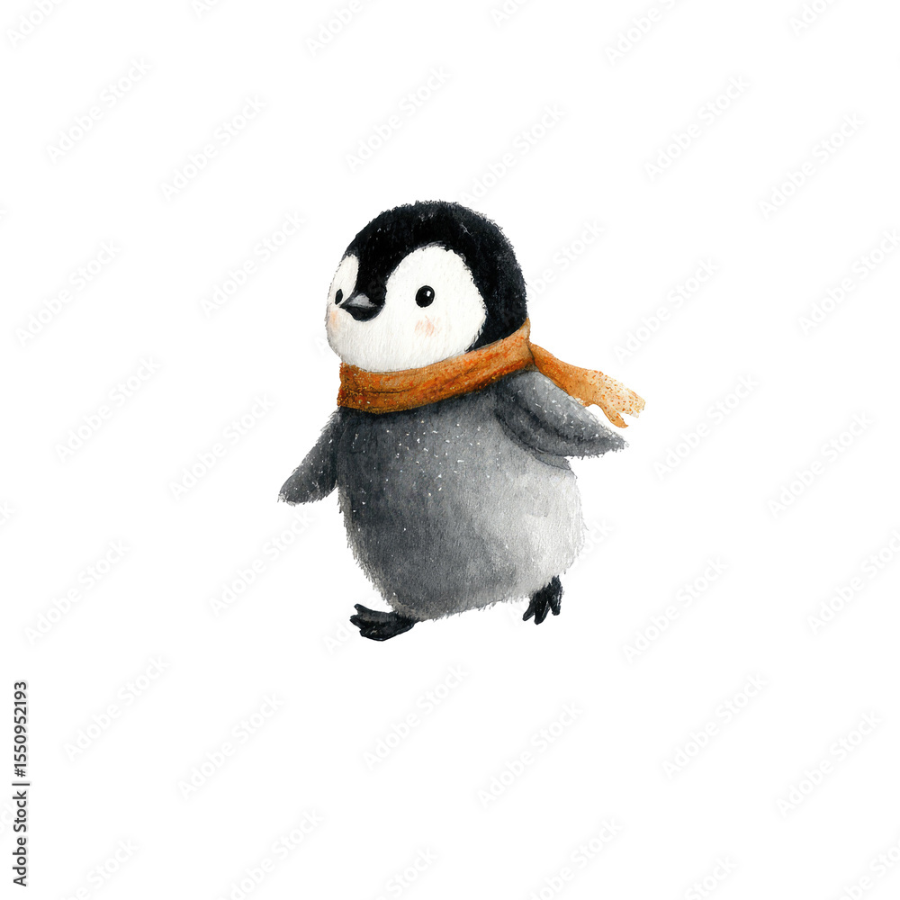 Fototapeta premium Adorable Penguin in a Cozy Scarf Crafted in Delicate Watercolor Illustration Style for Fun and Cheerful Art Projects