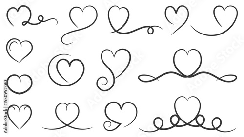 Collection of decorative elements with hearts and calligraphic swirls, vector eps10 illustration