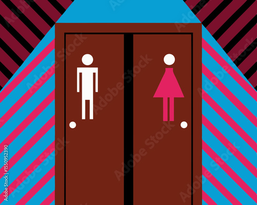 Restroom signage with male and female symbols in vibrant colors  