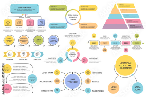 Hand drawn infographic templates - circle charts, flow charts, process diagrams, timeline, vector eps10 illustration