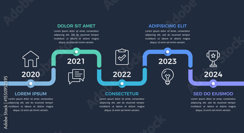 Infographic template showing a five-year business timeline, dark background, vector eps10 illustration