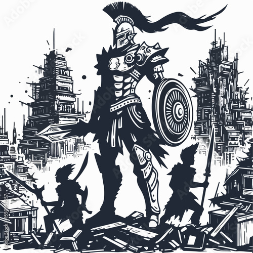illustration of soldier with destroyed city