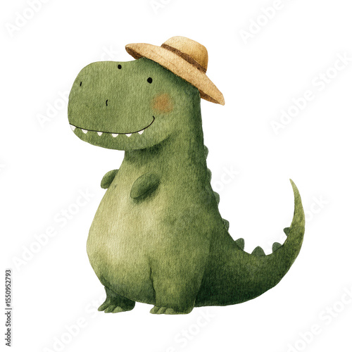 Charming Watercolor Illustration of a Friendly Dinosaur Wearing a Hat in a Fun and Whimsical Style
