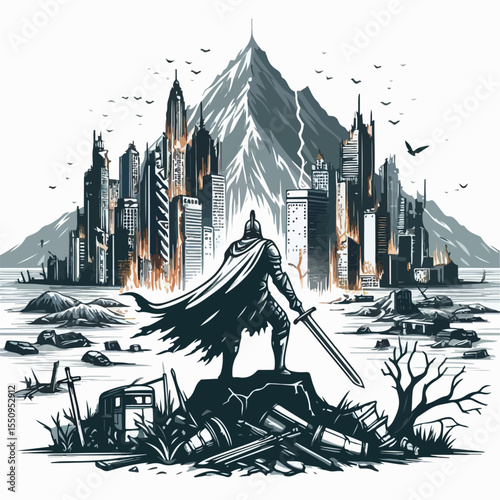 illustration of soldier with destroyed city