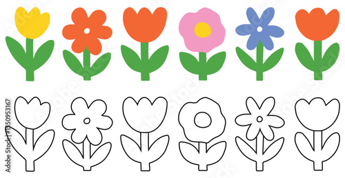 Abstract colorful flower drawing illustration set. Funny children art style floral doodle cartoon collection, hand drawn basic nature shapes on isolated background