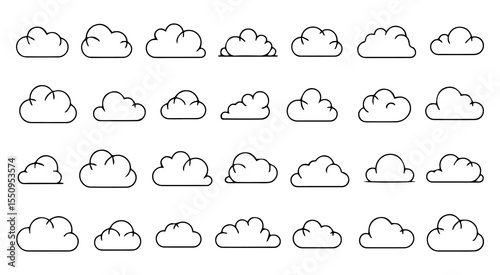Set of vector cloud icons outline vector illustration. Meteorology weather forecast interface element