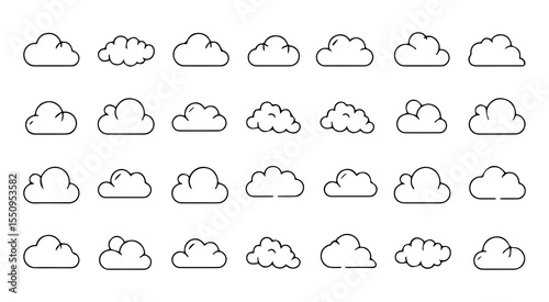 Set of vector cloud icons outline vector illustration. Meteorology weather forecast interface element