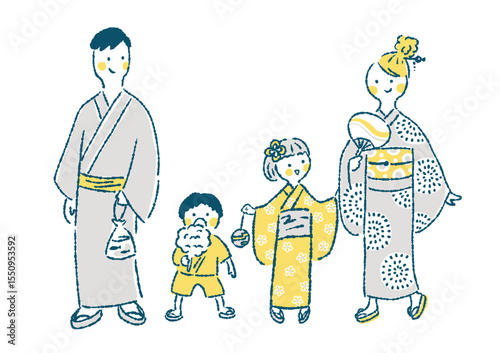浴衣姿の家族が夏祭りを楽しむ手描きイラスト

